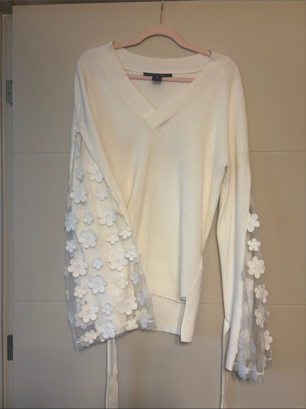 French Connection White V-Neck Sweater with Floral Mesh Sleeves
